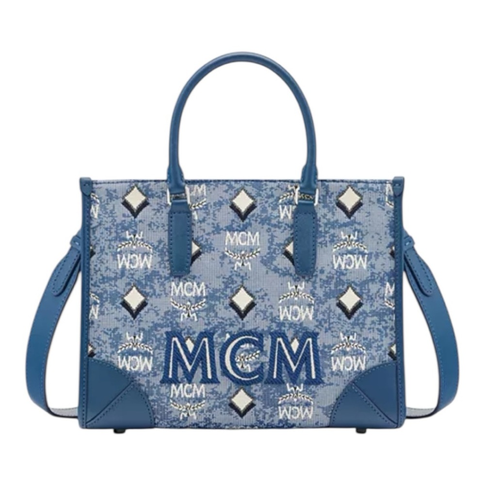 ❌SOLD❌MCM Blue Signature Tote Bag with Silver Hardware